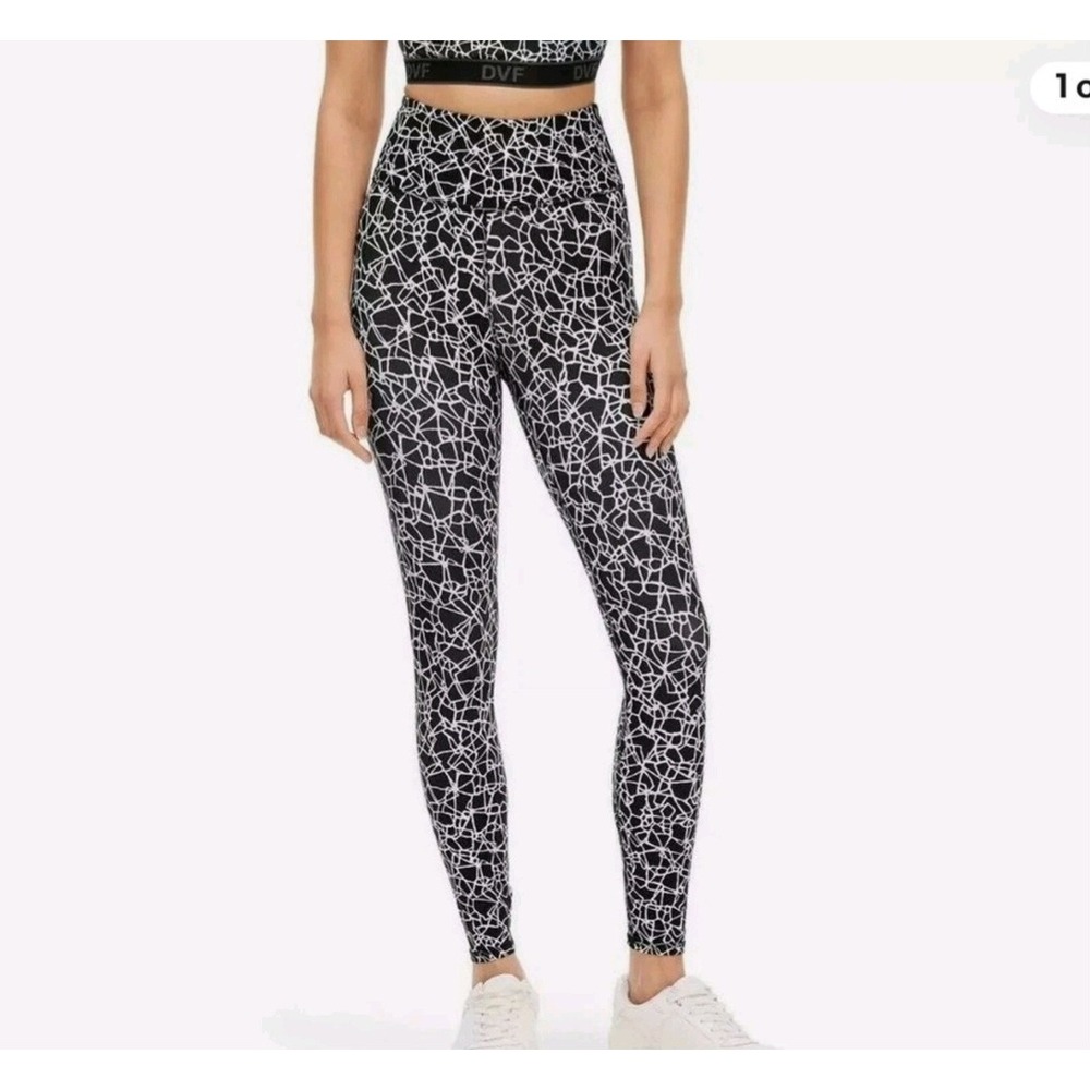 DIANE VON FURSTENBERG DVF Cracked Leggings High Waisted Black White Size Large